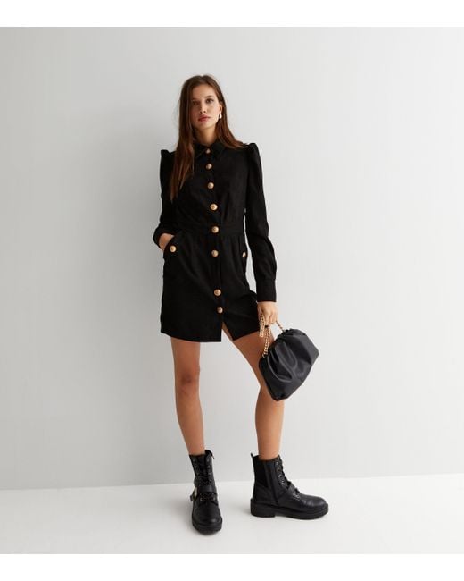 Gini London Black Corduroy Mini Shirt Dress