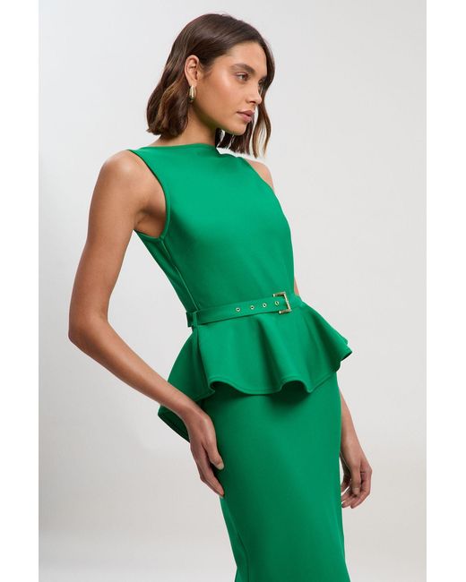 Karen Millen Green Figure Form Bandage Peplum Belted Pencil Knit Midi Dress