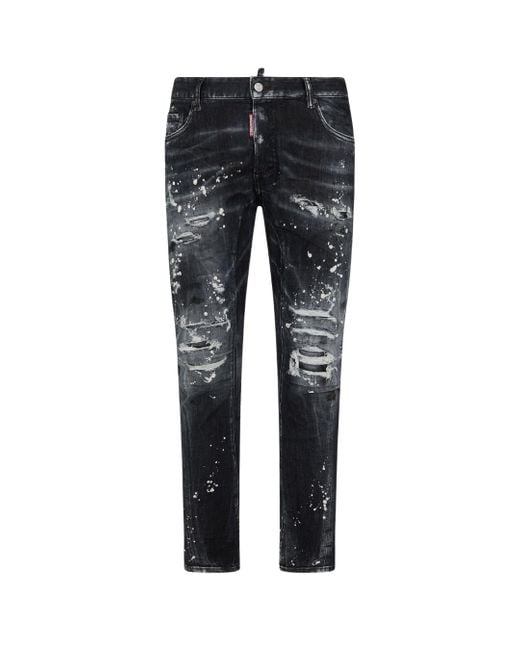 DSquared² Blue Tidy Biker Jean Paint Splash Reinforced Ripped Jeans Cotton for men