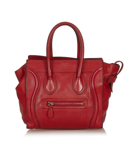 Céline Vintage Mini Luggage Leather Tote Bag Red Calf Leather