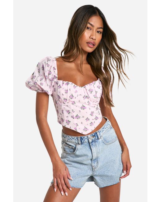 Boohoo Blurred Floral Puff Sleeve Corset in White Lyst UK
