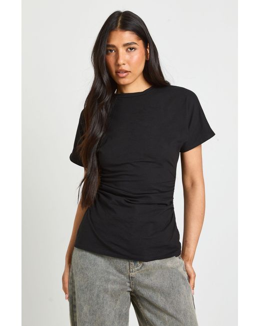 Boohoo Black Tall Jersey Ruched Waist Cap Sleeve T-Shirt