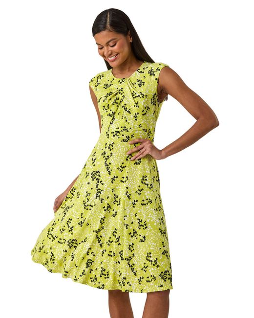 Roman Yellow Ditsy Floral Keyhole Twist Dress