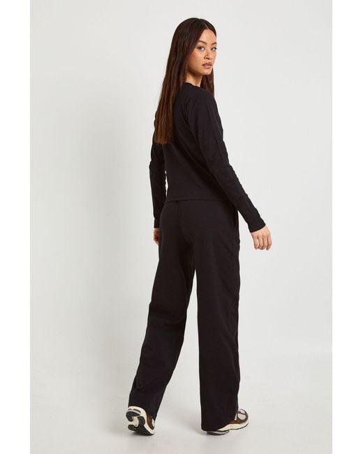 Boohoo Black Tall Cotton Button Through Crew Neck Top & Trouser Co Ord