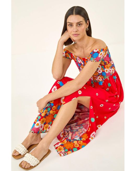 Roman Floral Print Bardot Shirred Midi Dress