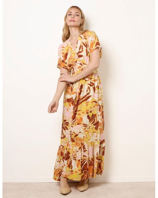 Blue Vanilla Metallic Tropical V Front Shirred Waist Maxi Dress