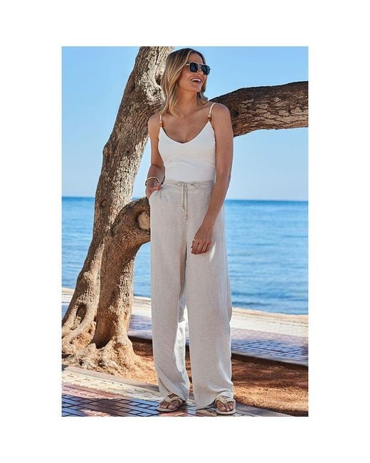Sosandar Blue Natural Linen Blend Drawstring Waist Wide Leg Trousers