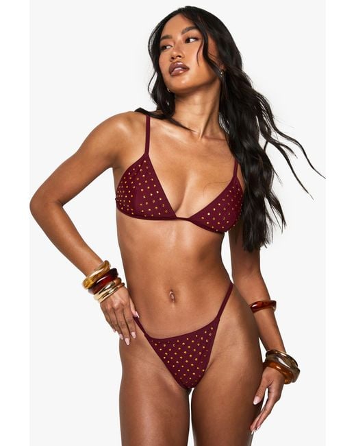 Boohoo Red Premium Swim Hot Fix Diamante Tanga Bikini Bottoms