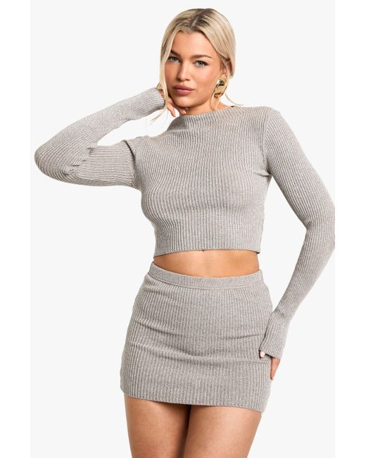 Boohoo Gray Metallic Mix Rib Knitted High Neck Top