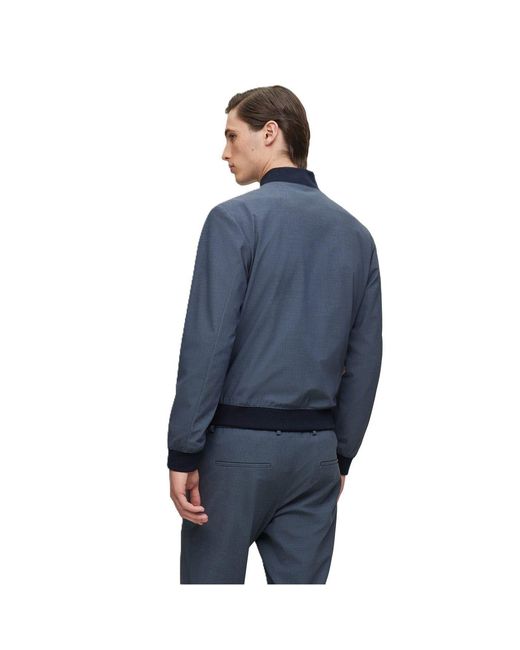 Boss Blue Solid Patterned Ribbed Cuff Bomber Jacket for men
