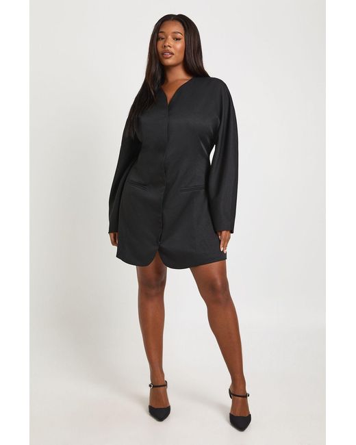 Boohoo Black Plus Collarless Cinched Waist Blazer Dress