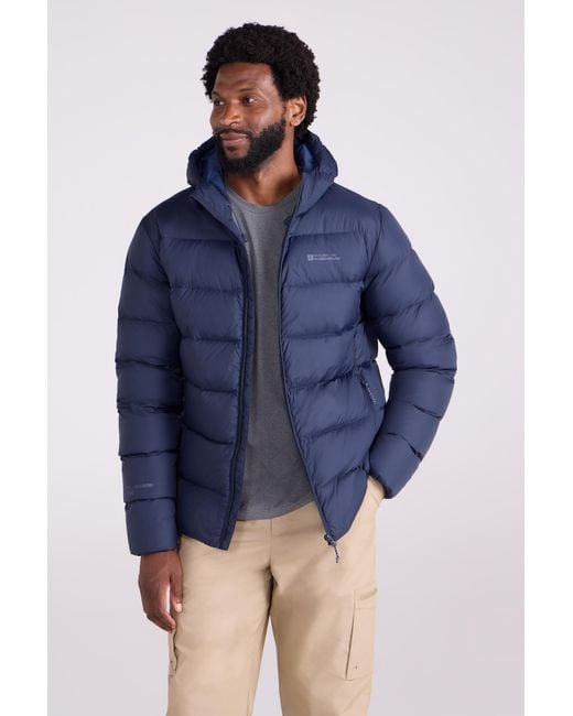 Mountain Warehouse Blue 'Stratus' Extreme Down Jacket Water Resistant Hooded Puffer Winter Coat Fabric for men