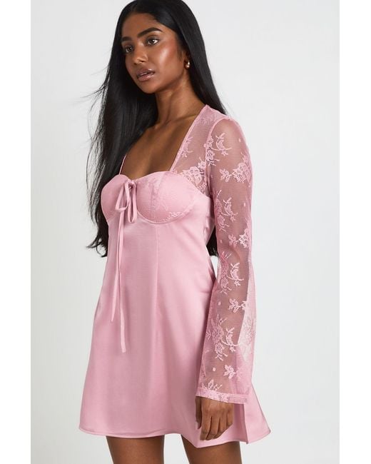 Boohoo Pink Lace Flare Sleeve Mini Dress
