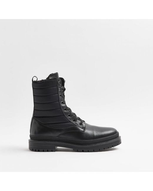 River Island Military Boots Black Quilted Tall Leather for men