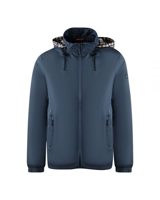 Aquascutum Plain Navy Blue Hide Hood Lightweight Jacket for men