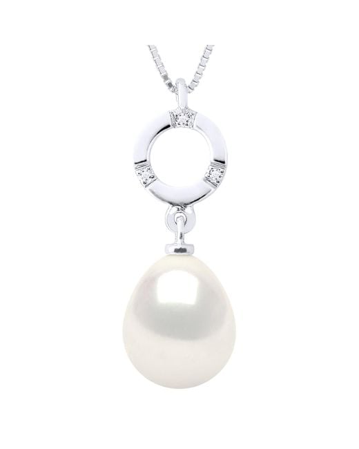 Ateliers Saint Germain White Necklace Jewelry Diamond 0.01Cts And Real Cultured Freshwater Pearl Pear 9-10 Mm