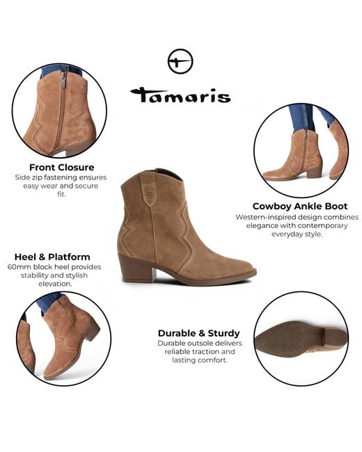 Tamaris Brown Camel Suede Leather Cowboy Western Ankle Boots