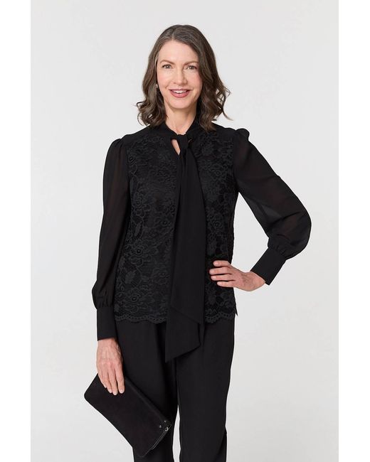 Izabel London Black Floral Lace Semi Sheer Textured Blouse