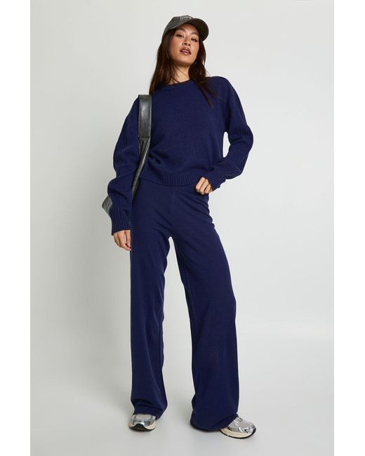 Boohoo Blue Tall Crew Neck Jumper And Wide Leg Trouser
