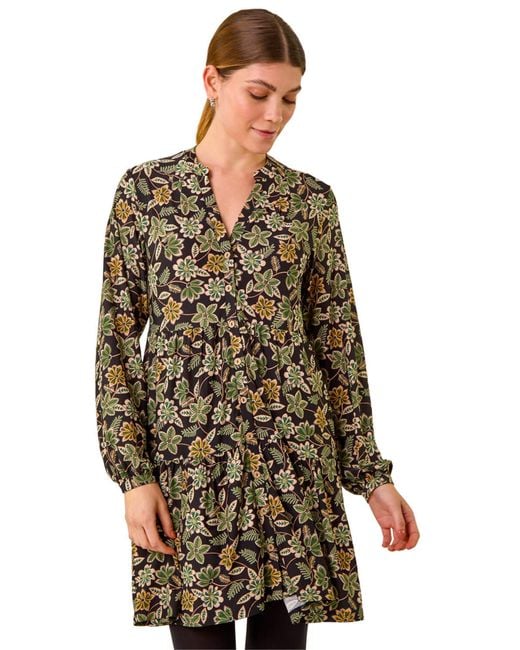 Roman Green Floral Print Button Stretch Dress