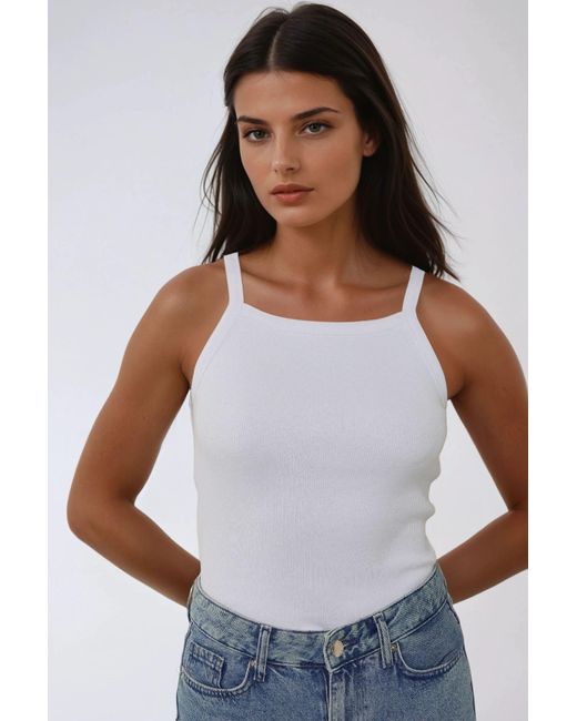 Hiccup White Halter Neck Fitted Basic Tank Top