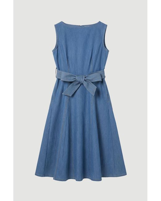 Karen Millen Blue Denim Belted Full Skirt Tailored Dress
