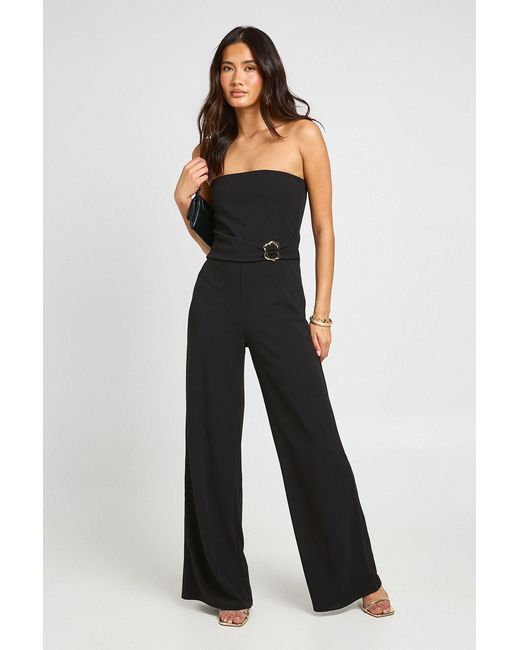 Boohoo Black Bandeau Belt Detail Straight Leg Jumpsuit