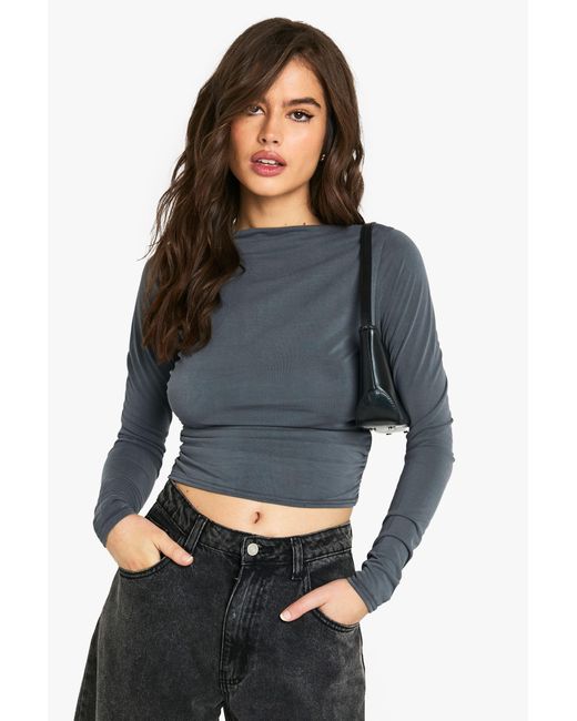 Boohoo Gray Peached Jersey Drape Long Sleeve Top