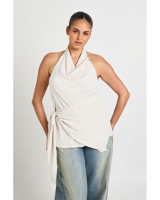 Boohoo White Plus Cowl Front Tie Side Halter Top