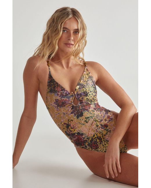Nasty Gal Brown Floral Animal Abstract Ring Beaded Swimsuit