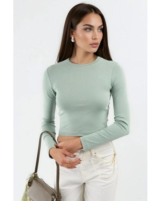 Busem Green Slim Fit Long Sleeved Crop Top With Crew Neck