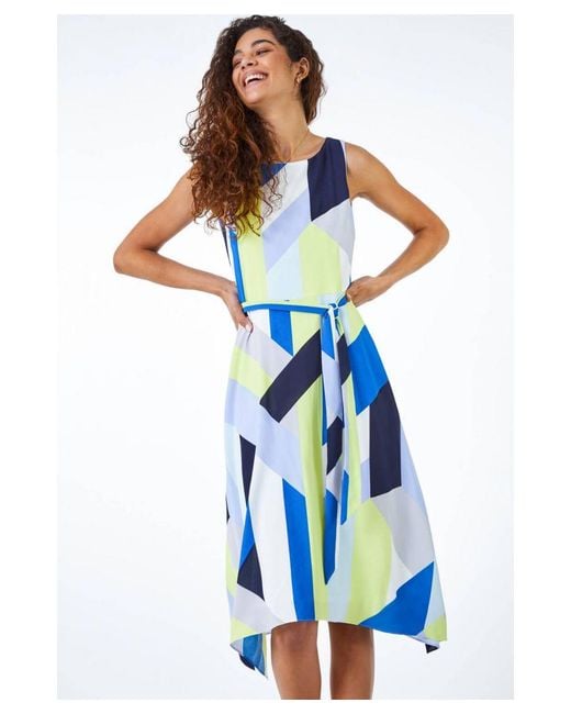 Roman Blue Geo Print Fit And Flare Dress