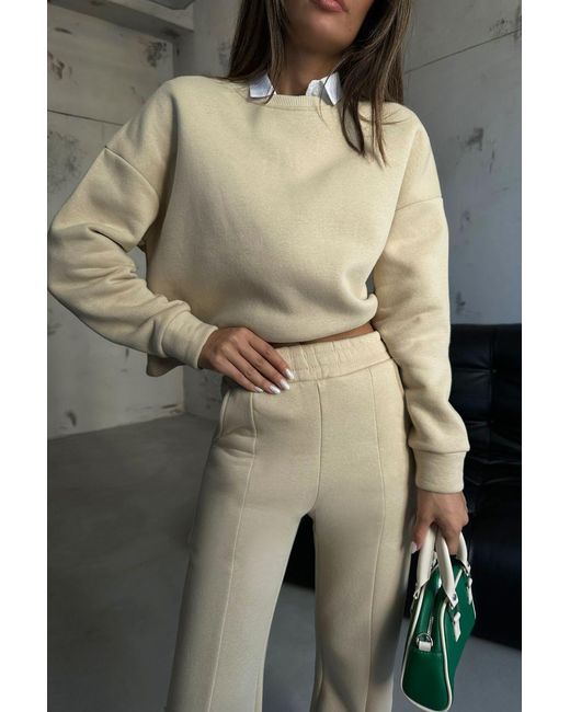 Hiccup Natural 2 Pieces: Round Neck Basic Sweatshirt & High Waist Slit Sweatpant