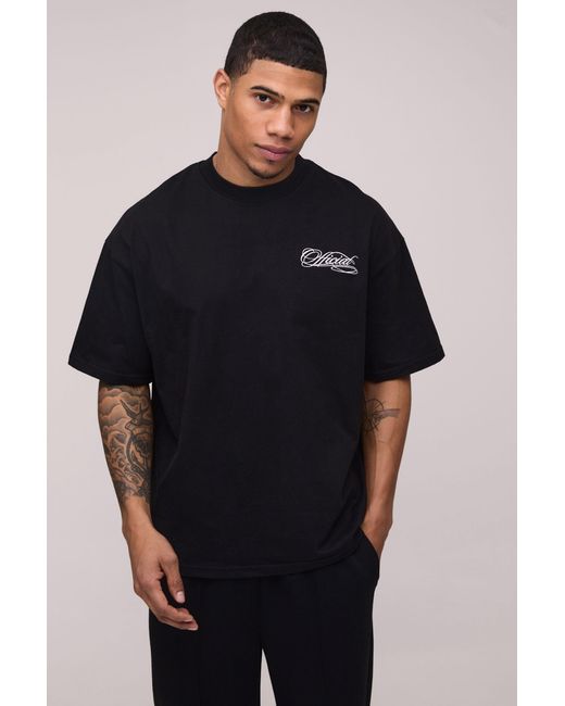 BoohooMAN Black Oversized Official Embroidered Heavyweight Extended Neck T-Shirt for men