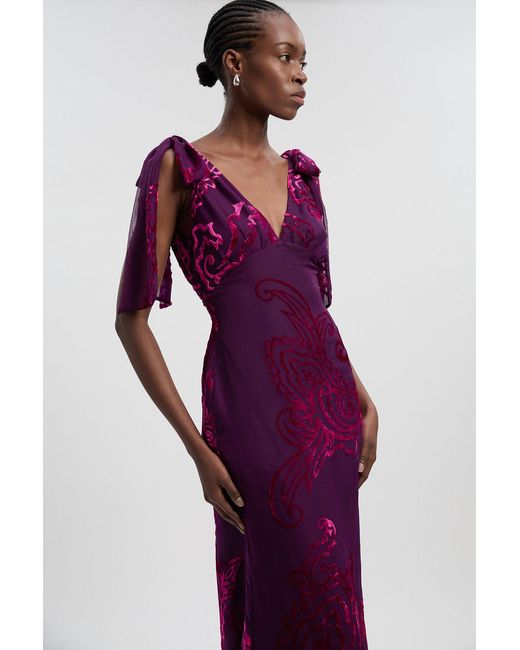 Karen Millen Purple Paisley Devore Plunge Woven Midi Dress
