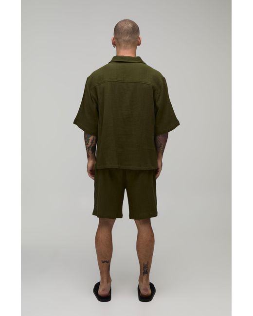 BoohooMAN Green Cheesecloth Oversized Half Sleeve V Neck Shirt & Relaxed Short Set for men