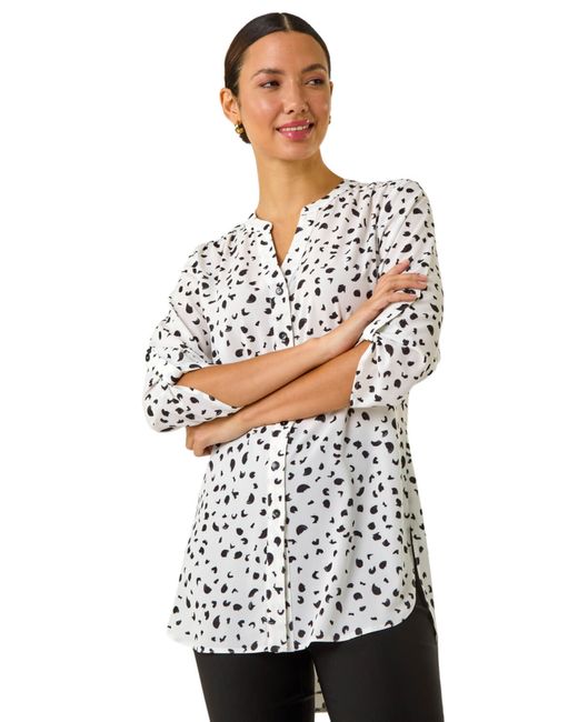 Roman White Spot Print V-Neck Button Blouse