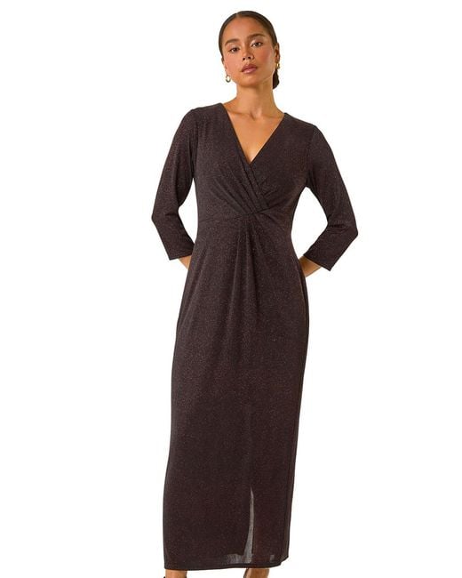 Roman Metallic Petite Gathered Glitter Bodycon Maxi Dress
