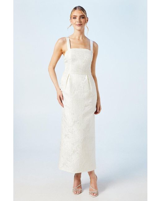 Oasis White Cross Back Column Jacquard Wedding Dress With Bow Detail