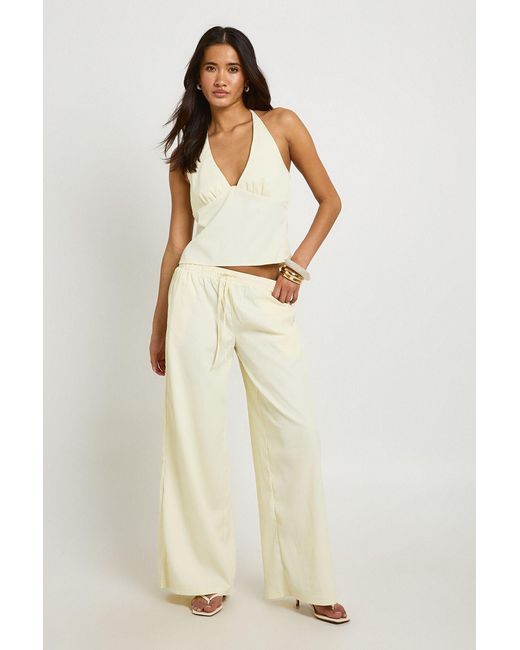 Boohoo Natural Textured Woven Halterneck And Wide Leg Trouser Set