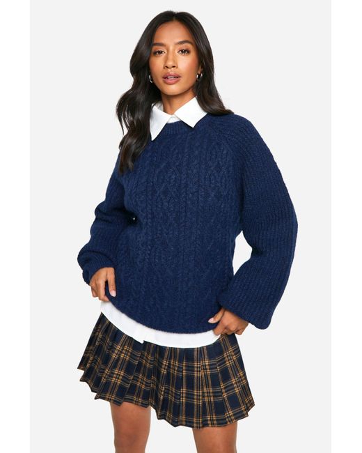 Boohoo Blue Petite Cable Knit Oversized Crew Neck Sweater