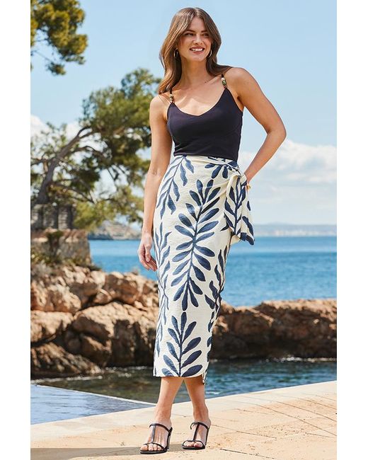 Sosandar Blue Ivory & Floral Print Tie Side Midi Skirt