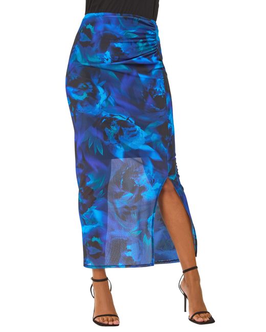 Roman Blue Printed Ruched Mesh Pencil Skirt