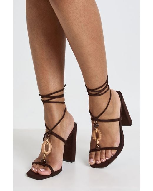 Boohoo Brown Faux Suede Bead Detail Strappy High Block Heels