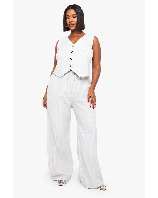 Boohoo White Plus Stripe Waistcoat And Wide Leg Trouser Co-Ord