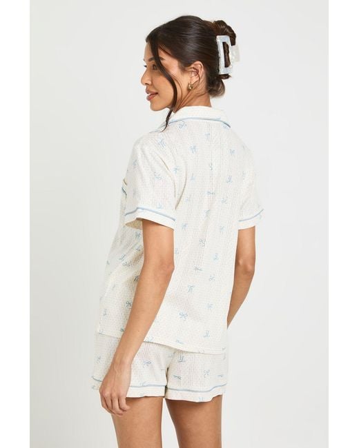 Boohoo White Bow Print Pointelle Button Through Short Sleeve & Pyjama Set