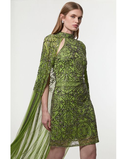 Karen Millen Green Petite Premium Beading And Embellished Cape Detail Woven Mini Dress