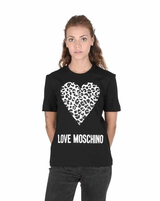 Love Moschino Black Leopard Heart Tee Short Sleeve Crew Neck