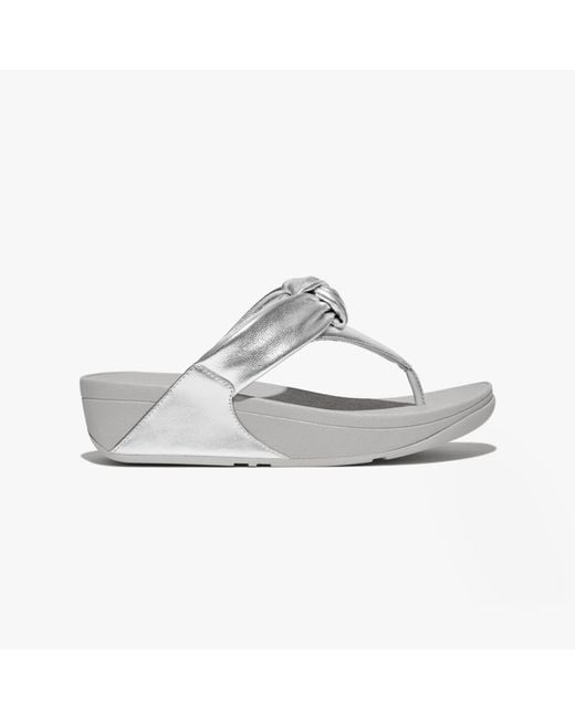 Fitflop White Lulu Padded-Knot Metallic-Leather Toe Post Sandals
