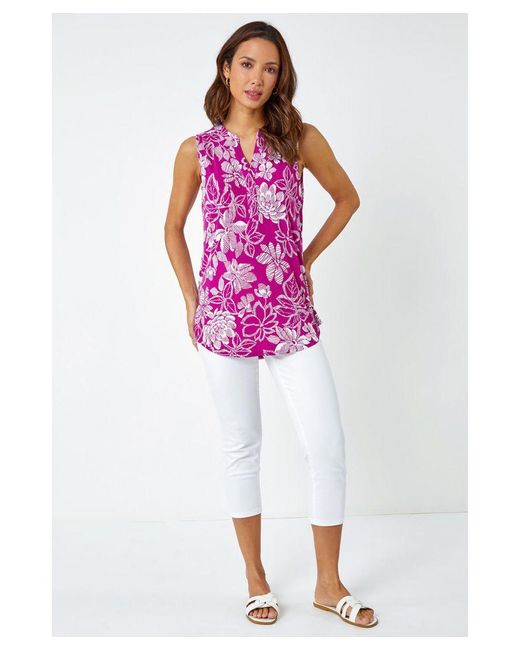 Roman Purple Textured Floral Print Sleeveless Top